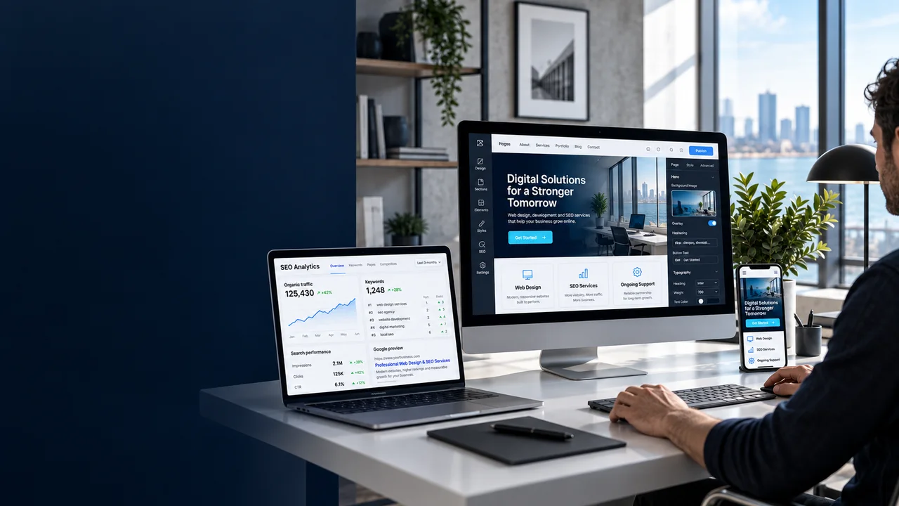 A web developer at a desk with a company website open on a monitor, a laptop and a phone