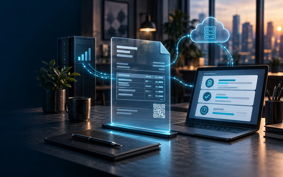 A laptop on a desk with an electronic invoice floating above it, its fields ticked, being sent to the cloud