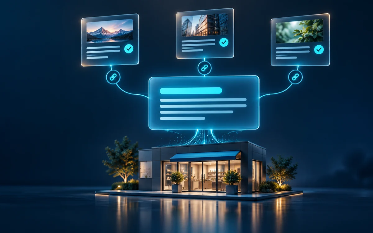 A glowing storefront at dusk with three floating web page cards linked to an AI assistant message above it