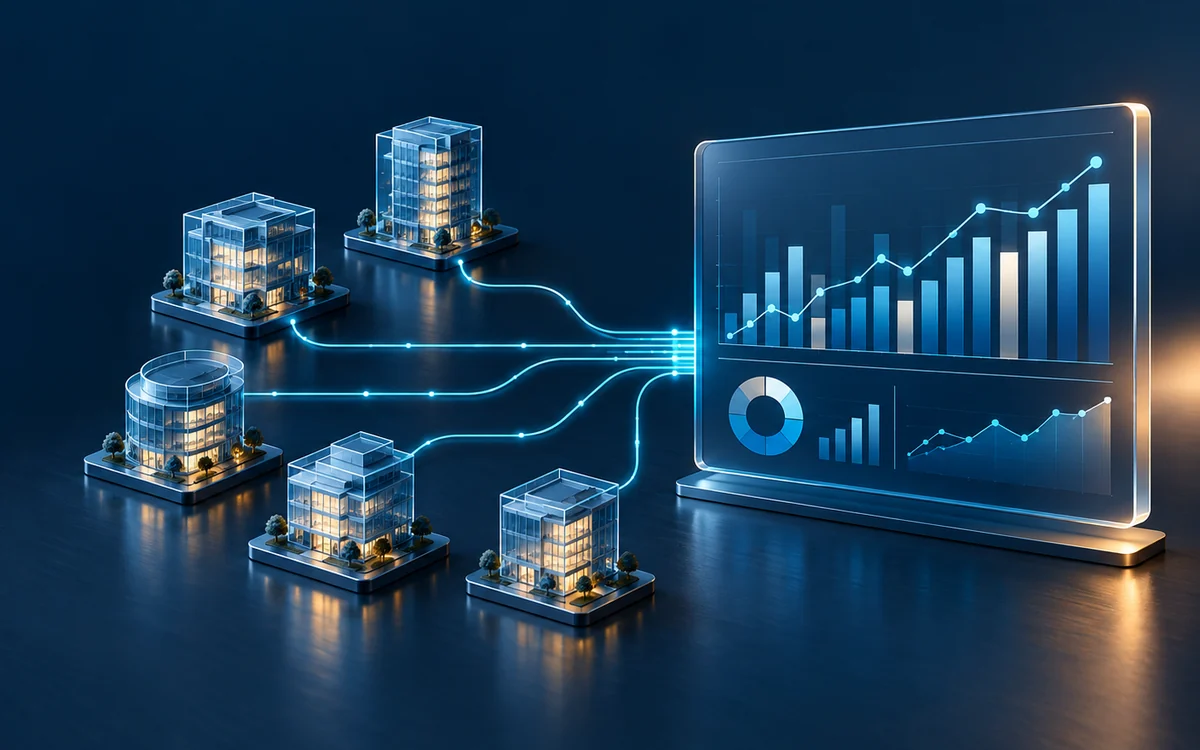 Model office buildings connected by lines of light to one dashboard screen showing group figures